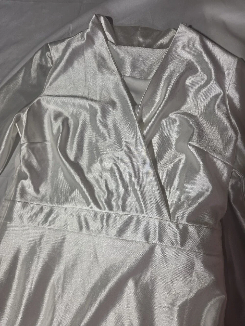 White Satin Long Sleeve V-Neck Wrap Midi Dress with High Low Hem